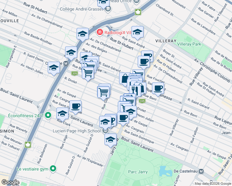 map of restaurants, bars, coffee shops, grocery stores, and more near 8258 Rue Saint-Denis in Montréal