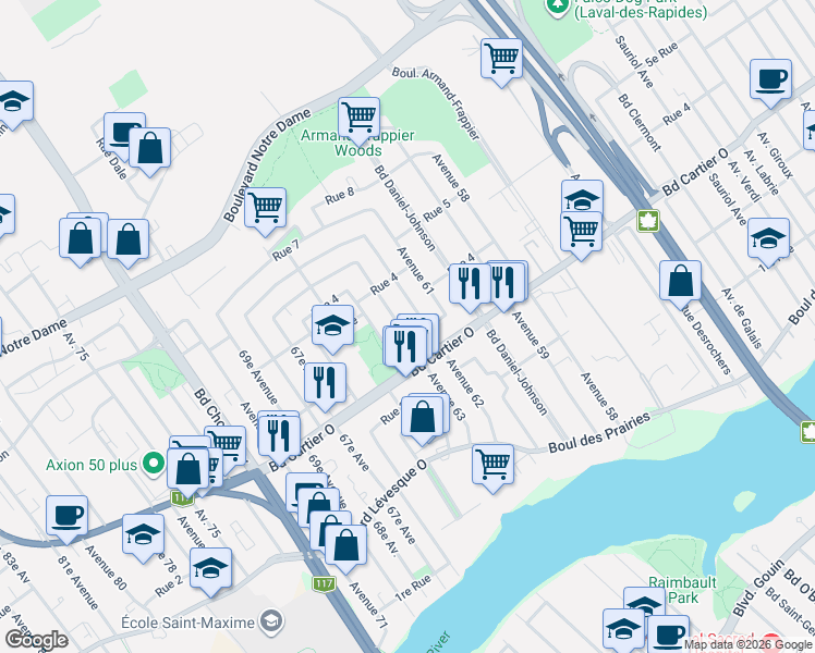 map of restaurants, bars, coffee shops, grocery stores, and more near 425 63e Av in Laval