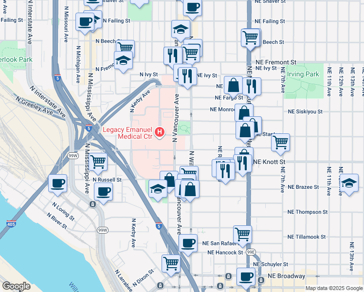 map of restaurants, bars, coffee shops, grocery stores, and more near 2800 North Vancouver Avenue in Portland