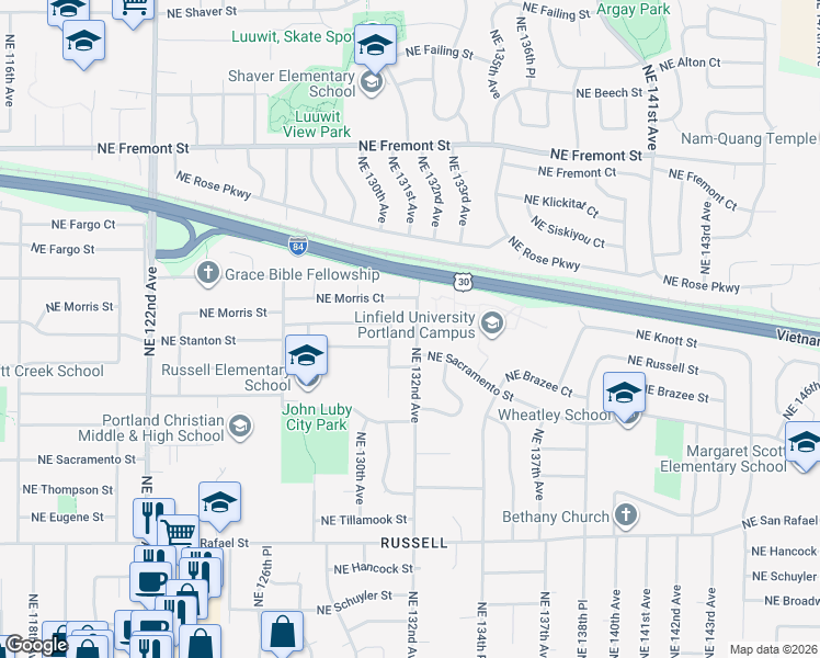 map of restaurants, bars, coffee shops, grocery stores, and more near 2803 Northeast 132nd Avenue in Portland