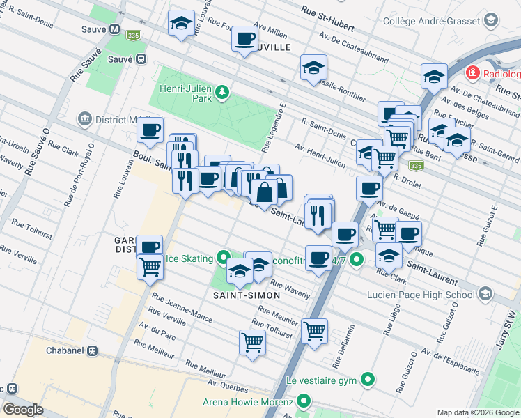 map of restaurants, bars, coffee shops, grocery stores, and more near in Montreal
