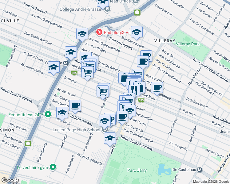 map of restaurants, bars, coffee shops, grocery stores, and more near 8258 Rue Saint-Denis in Montréal