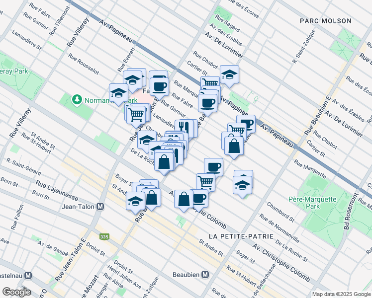 map of restaurants, bars, coffee shops, grocery stores, and more near 1300 Rue Bélanger in Montréal