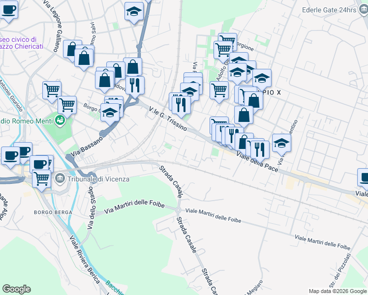 map of restaurants, bars, coffee shops, grocery stores, and more near 13 Via G. Dian in Vicenza
