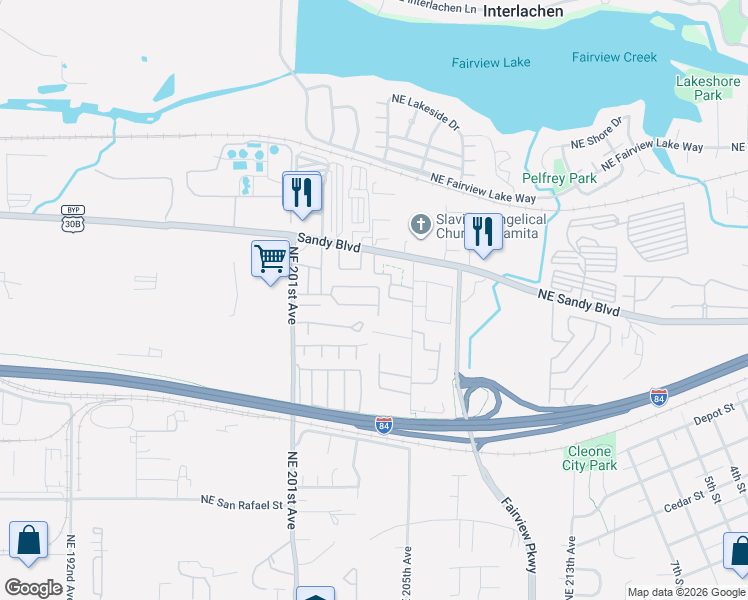 map of restaurants, bars, coffee shops, grocery stores, and more near 20140 Northeast Sandy Boulevard in Fairview