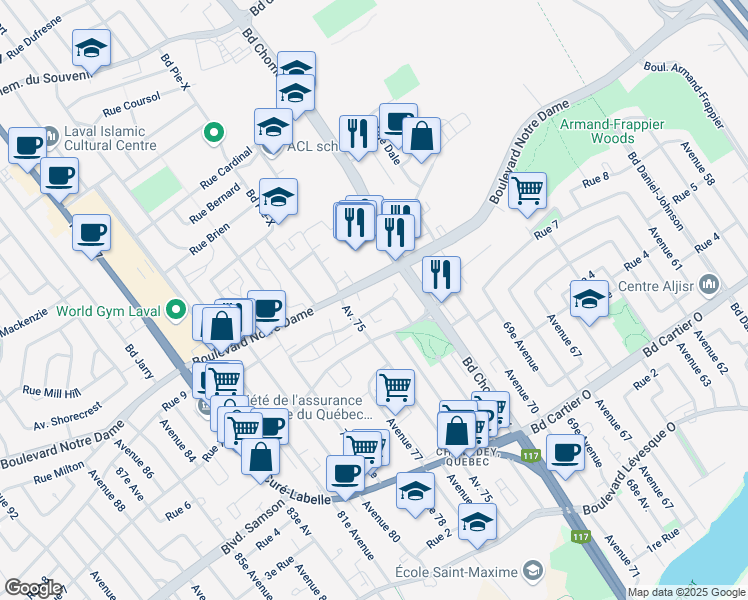 map of restaurants, bars, coffee shops, grocery stores, and more near 3561 Rue Charles Daoust in Laval