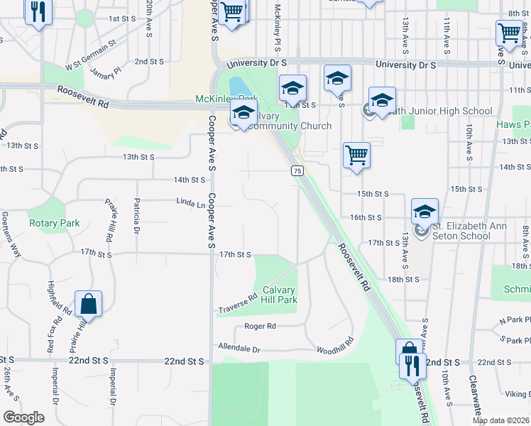 map of restaurants, bars, coffee shops, grocery stores, and more near 1521 Calvary Hill Lane in St. Cloud