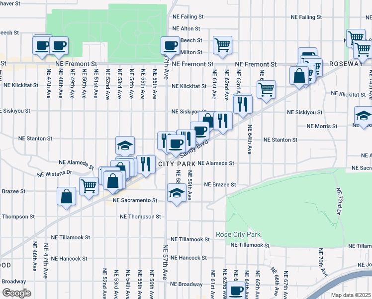 map of restaurants, bars, coffee shops, grocery stores, and more near 5904 Northeast Sandy Boulevard in Portland