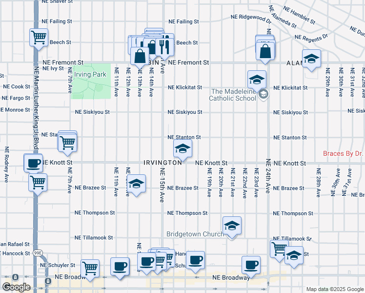 map of restaurants, bars, coffee shops, grocery stores, and more near 2814 Northeast 16th Avenue in Portland