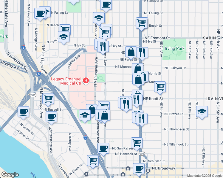 map of restaurants, bars, coffee shops, grocery stores, and more near 43 Northeast Graham Street in Portland