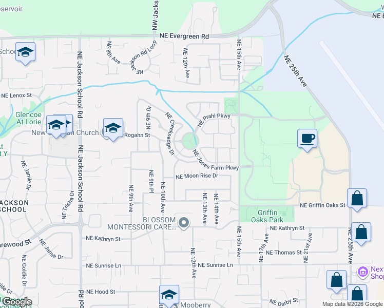 map of restaurants, bars, coffee shops, grocery stores, and more near 1293 Northeast Creeksedge Drive in Hillsboro