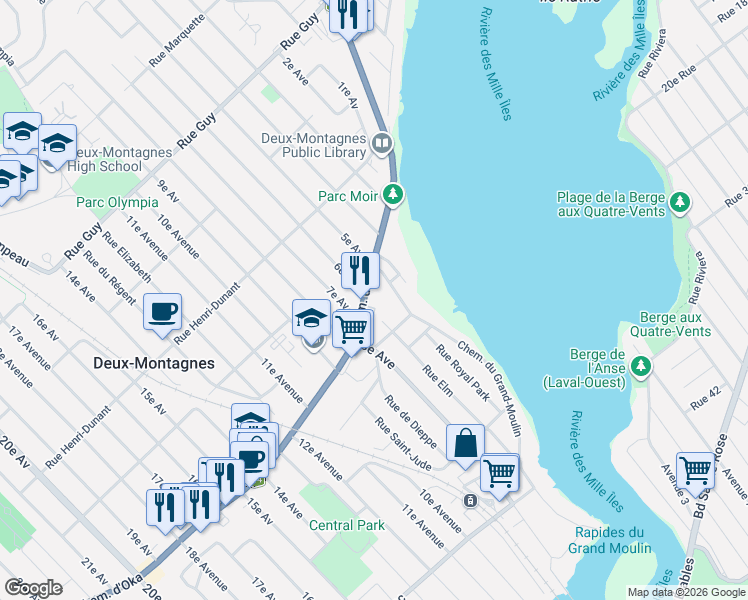 map of restaurants, bars, coffee shops, grocery stores, and more near 510 Chemin d'Oka in Deux-Montagnes