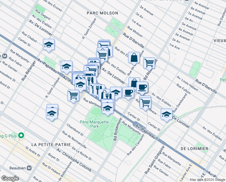 map of restaurants, bars, coffee shops, grocery stores, and more near 6233 Rue Chabot in Montréal