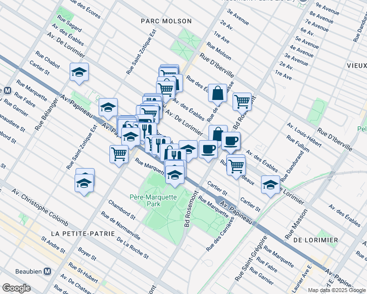 map of restaurants, bars, coffee shops, grocery stores, and more near 6233 Rue Chabot in Montréal