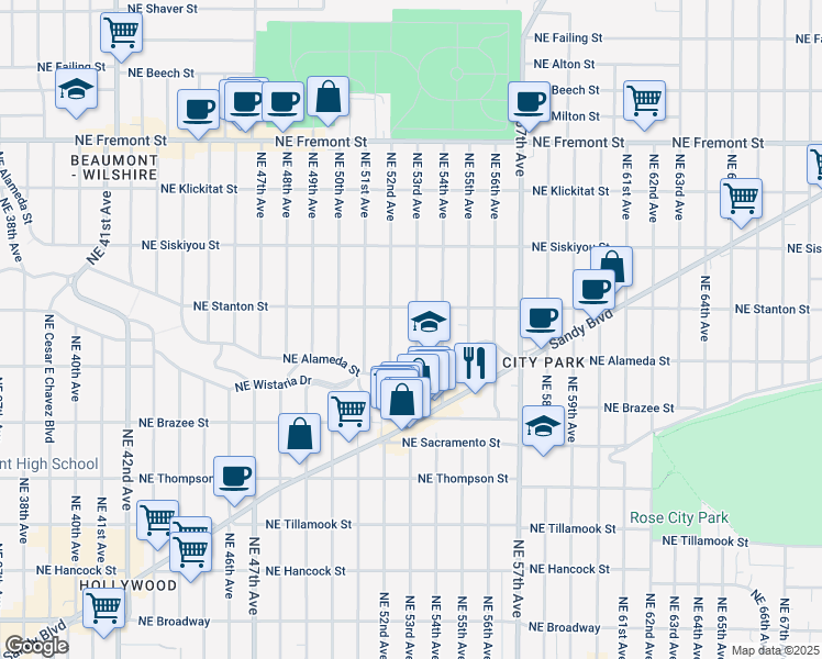 map of restaurants, bars, coffee shops, grocery stores, and more near 2813 Northeast 53rd Avenue in Portland