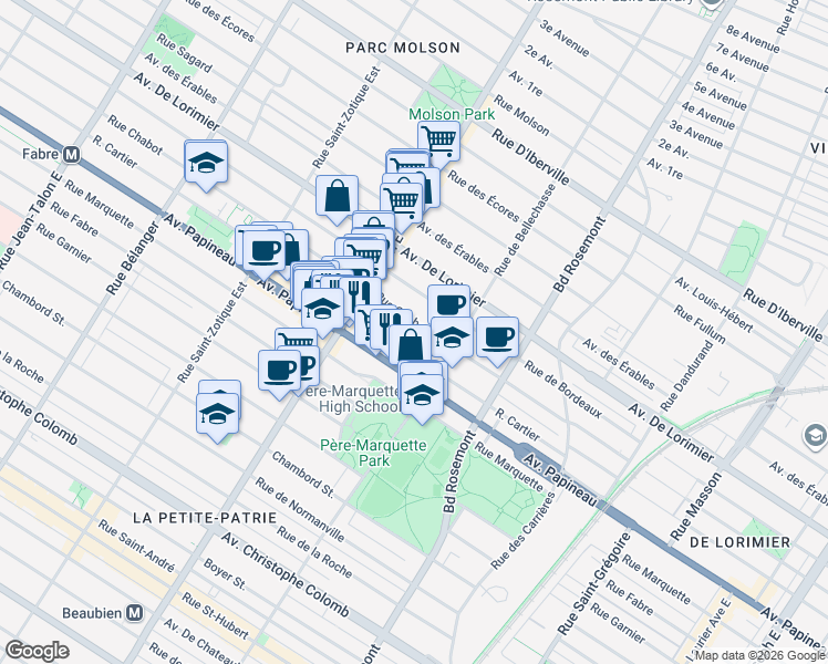 map of restaurants, bars, coffee shops, grocery stores, and more near 6300 Rue Chabot in Montréal
