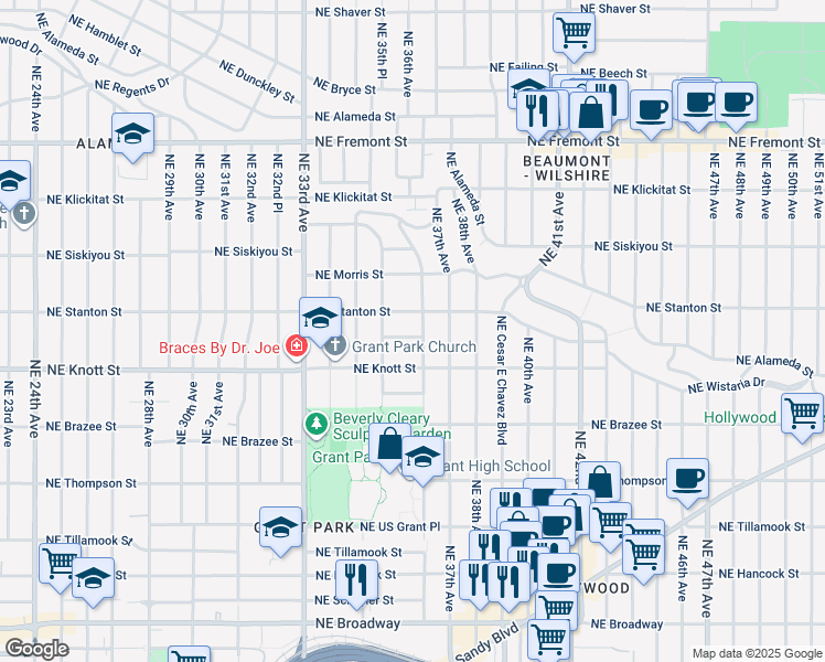 map of restaurants, bars, coffee shops, grocery stores, and more near 3581 Northeast Mathison Place in Portland