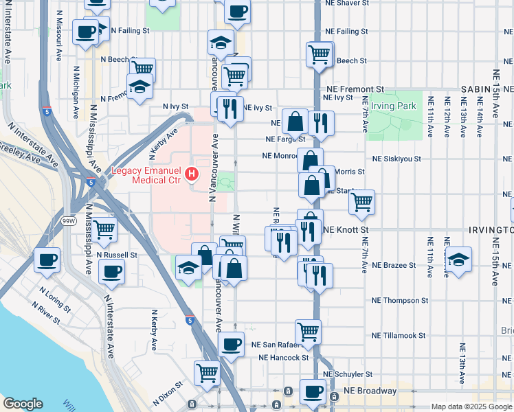 map of restaurants, bars, coffee shops, grocery stores, and more near 43 Northeast Graham Street in Portland