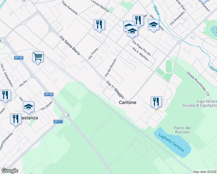 map of restaurants, bars, coffee shops, grocery stores, and more near 18 Via 1° Maggio in Nerviano