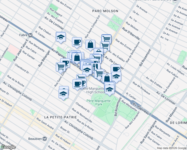 map of restaurants, bars, coffee shops, grocery stores, and more near in Montréal