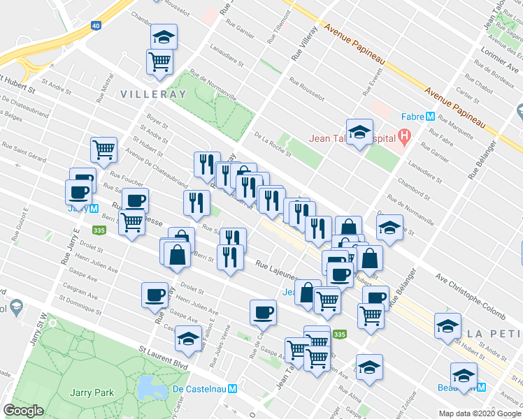 map of restaurants, bars, coffee shops, grocery stores, and more near 815 Rue Faillon Est in Montréal