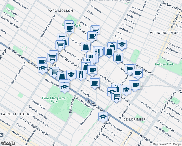 map of restaurants, bars, coffee shops, grocery stores, and more near 2112 Boulevard Rosemont in Montréal