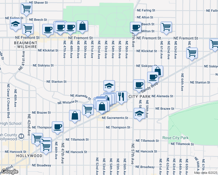 map of restaurants, bars, coffee shops, grocery stores, and more near 5309 Northeast Alameda Street in Portland