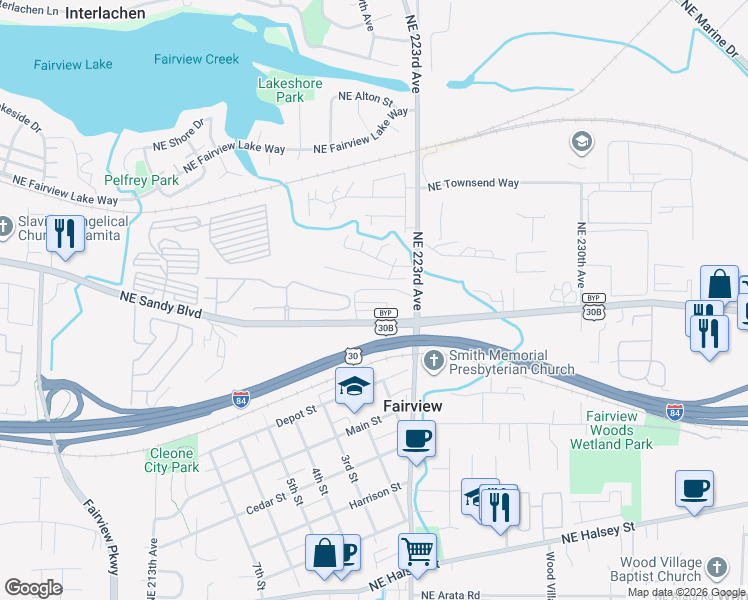 map of restaurants, bars, coffee shops, grocery stores, and more near 22199 Northeast Sandy Boulevard in Fairview