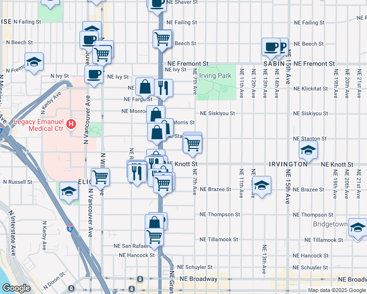 map of restaurants, bars, coffee shops, grocery stores, and more near 545 Northeast Graham Street in Portland