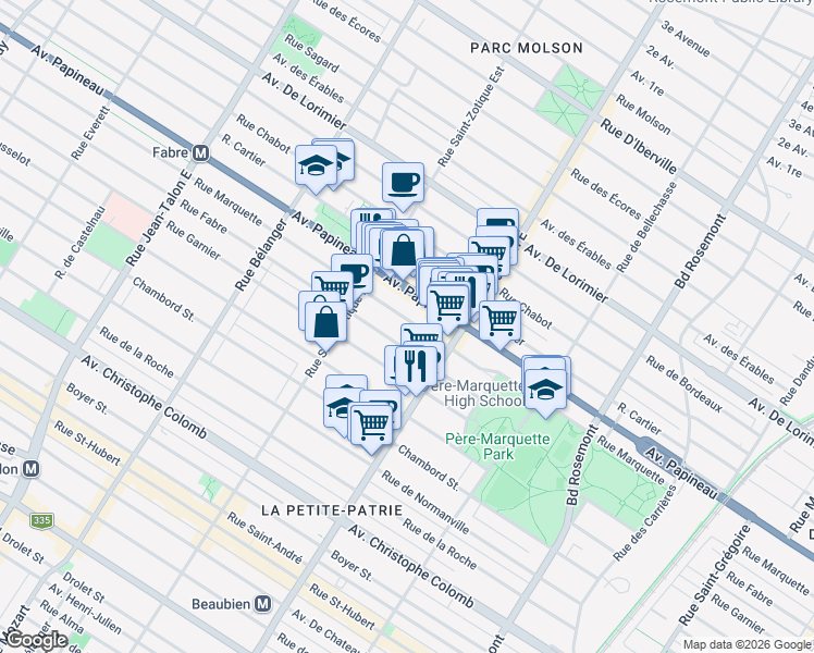 map of restaurants, bars, coffee shops, grocery stores, and more near 6582 Rue Marquette in Montréal