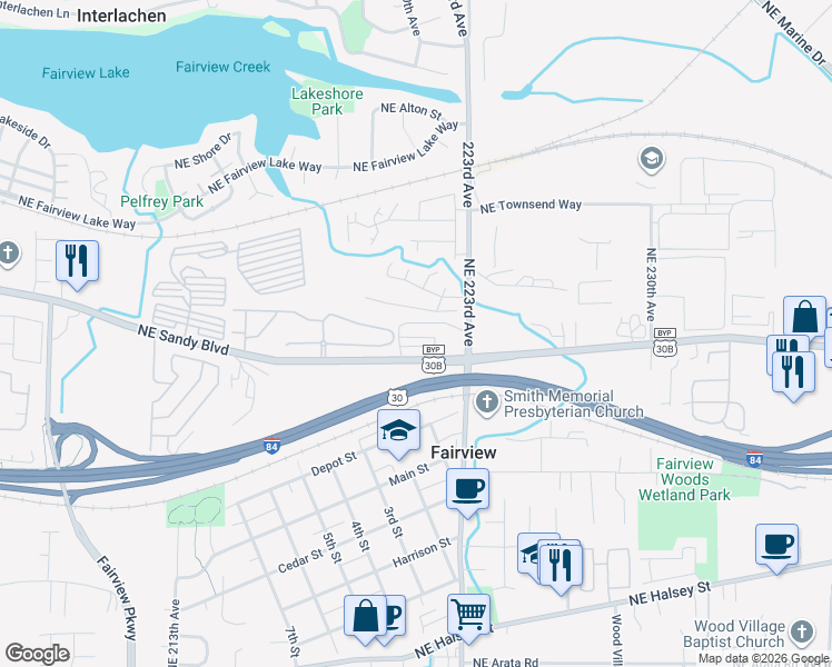 map of restaurants, bars, coffee shops, grocery stores, and more near 21920 Northeast Larkspur Lane in Fairview