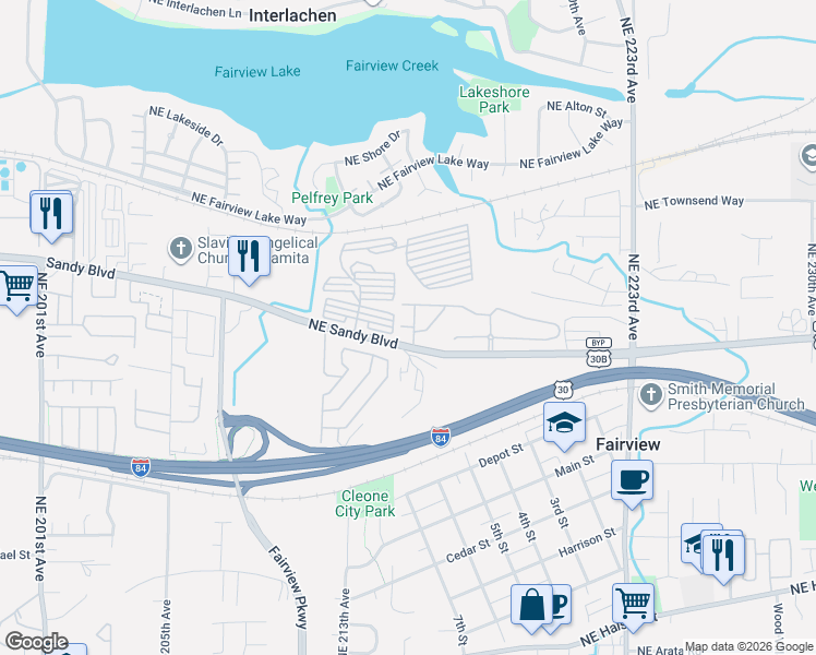 map of restaurants, bars, coffee shops, grocery stores, and more near 21480 Northeast Rosewood Drive in Fairview
