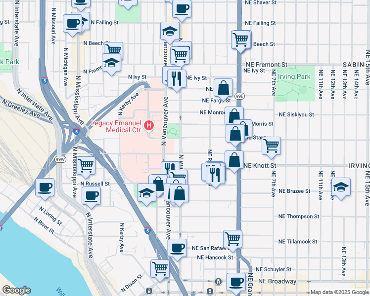 map of restaurants, bars, coffee shops, grocery stores, and more near 2830 North Williams Avenue in Portland