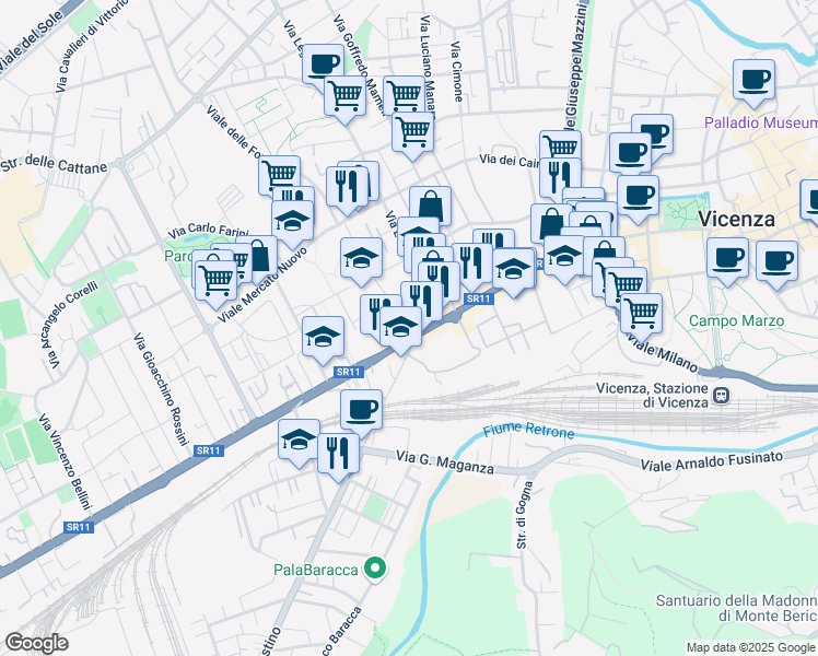 map of restaurants, bars, coffee shops, grocery stores, and more near 6 Viale Verona in Vicenza