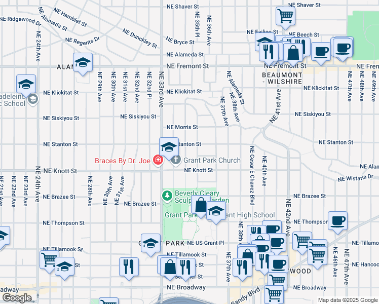 map of restaurants, bars, coffee shops, grocery stores, and more near 2801 Northeast 35th Place in Portland