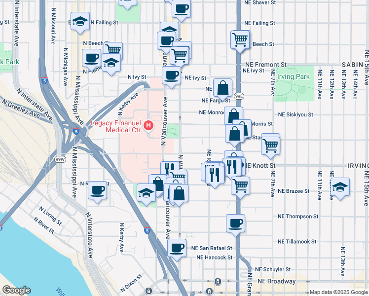 map of restaurants, bars, coffee shops, grocery stores, and more near 2830 North Williams Avenue in Portland