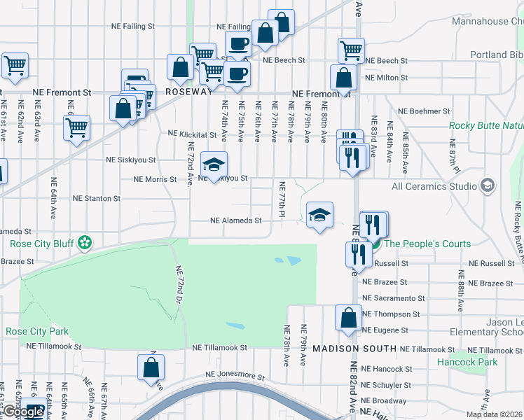 map of restaurants, bars, coffee shops, grocery stores, and more near 7630 Northeast Stanton Street in Portland