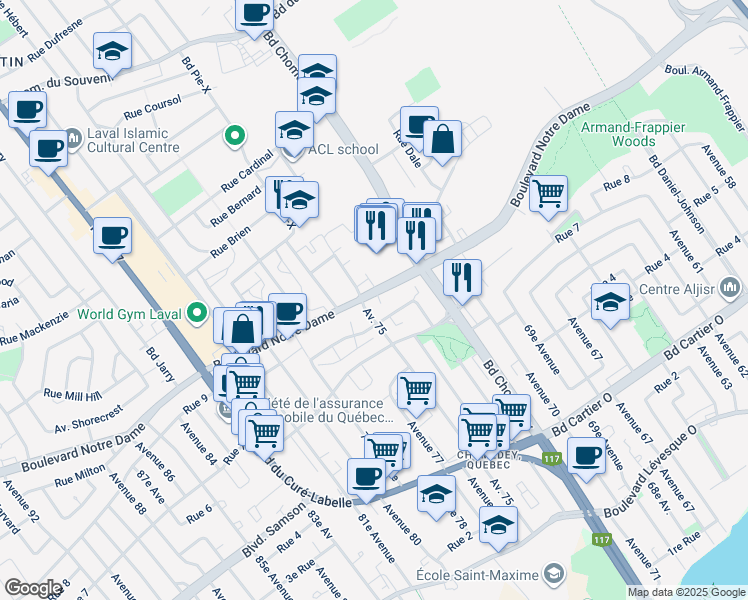 map of restaurants, bars, coffee shops, grocery stores, and more near 3590 Boulevard Notre Dame in Laval