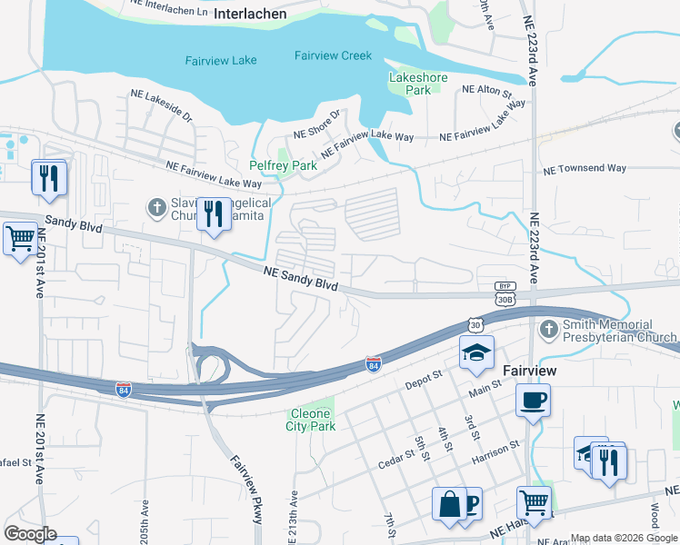 map of restaurants, bars, coffee shops, grocery stores, and more near Northeast Rosewood Drive in Fairview