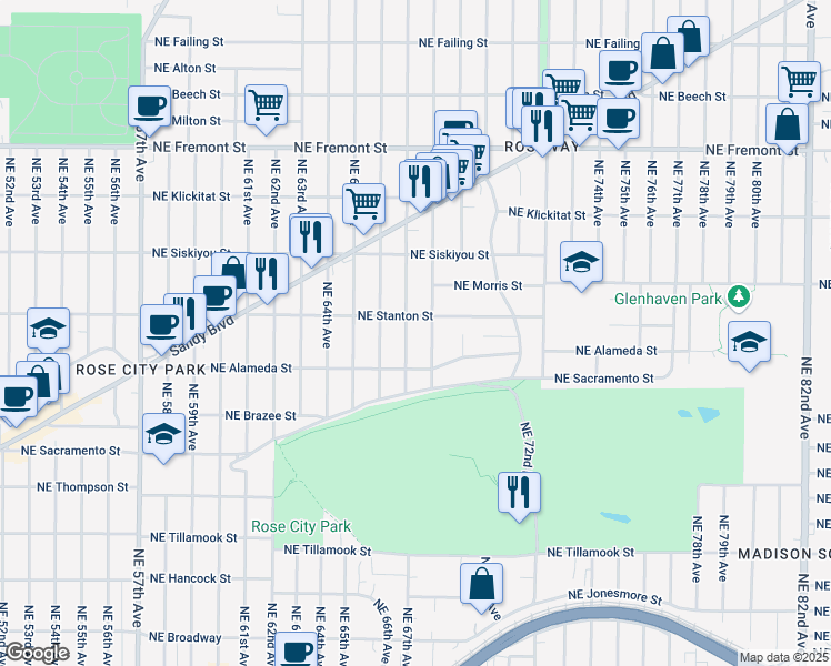 map of restaurants, bars, coffee shops, grocery stores, and more near 2805 Northeast 68th Avenue in Portland