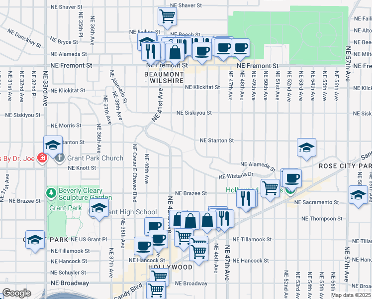 map of restaurants, bars, coffee shops, grocery stores, and more near 4246 Northeast Wistaria Drive in Portland