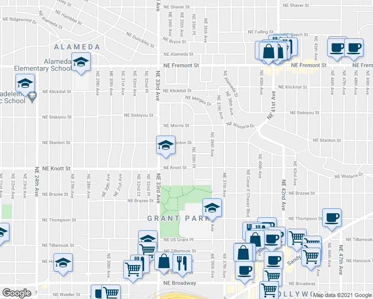 map of restaurants, bars, coffee shops, grocery stores, and more near 2801 Northeast 35th Place in Portland