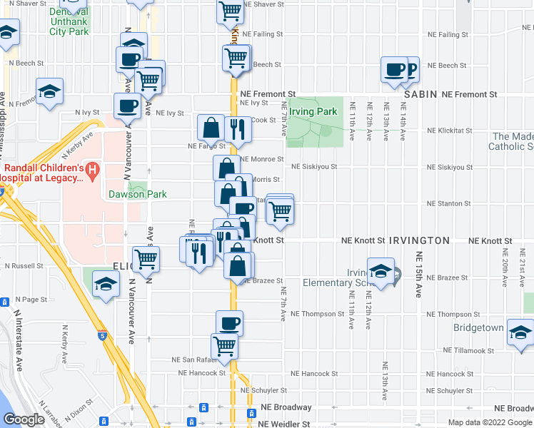 map of restaurants, bars, coffee shops, grocery stores, and more near 545 Northeast Graham Street in Portland