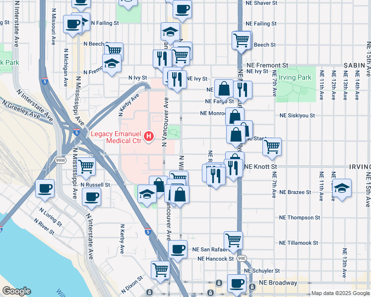 map of restaurants, bars, coffee shops, grocery stores, and more near 2800 North Vancouver Avenue in Portland