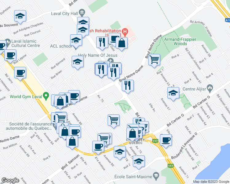map of restaurants, bars, coffee shops, grocery stores, and more near 3521 Rue Charles-Daoust in Laval