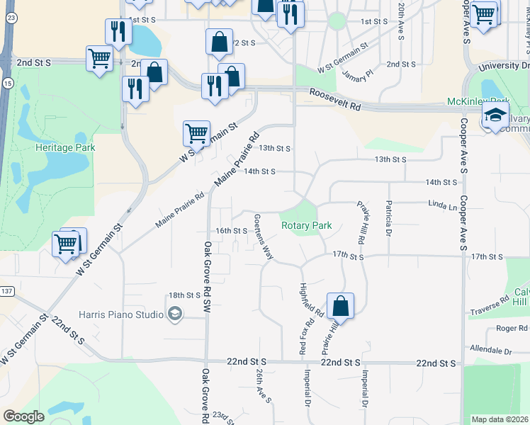 map of restaurants, bars, coffee shops, grocery stores, and more near 2613 Goettens Way in Saint Cloud