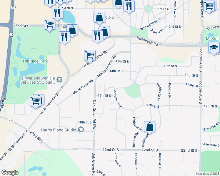 map of restaurants, bars, coffee shops, grocery stores, and more near 2 Goettens Way in St. Cloud