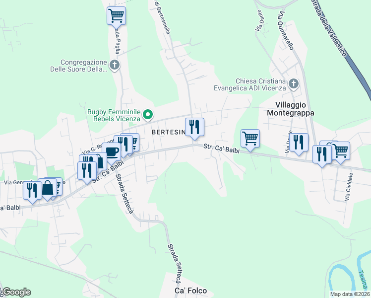 map of restaurants, bars, coffee shops, grocery stores, and more near 402 Strada Ca' Balbi in Vicenza