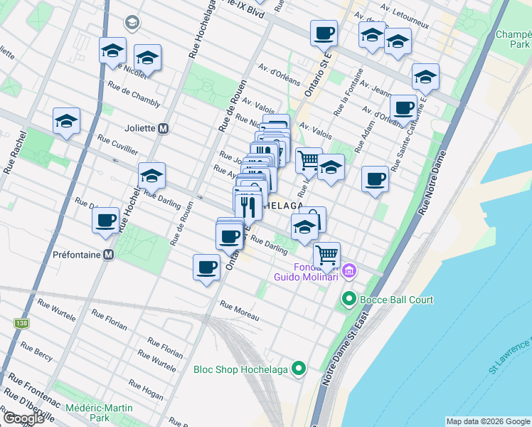 map of restaurants, bars, coffee shops, grocery stores, and more near 1970 Rue Cuvillier in Montréal