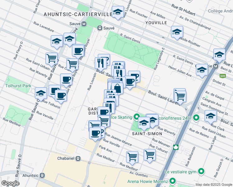 map of restaurants, bars, coffee shops, grocery stores, and more near 99-A Rue Chabanel Ouest in Montréal
